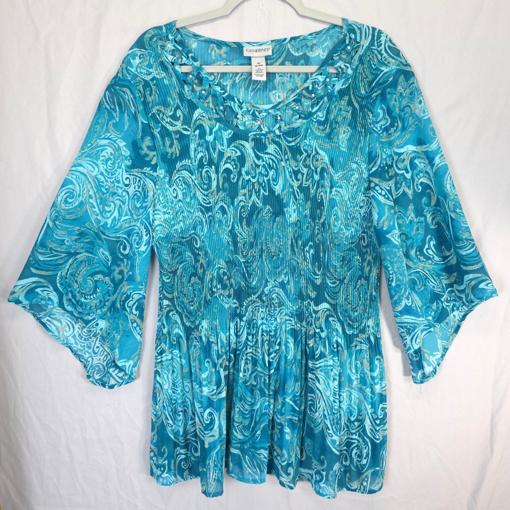 Paisley Micro Pleat Bell Sleeve Turquoise Blouse Embellished Women 14/16W Resort